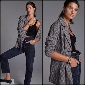 Anthropologie Avec Les Filles Plaid Blazer Notch Lapel Preppy Jacket Red Size XS